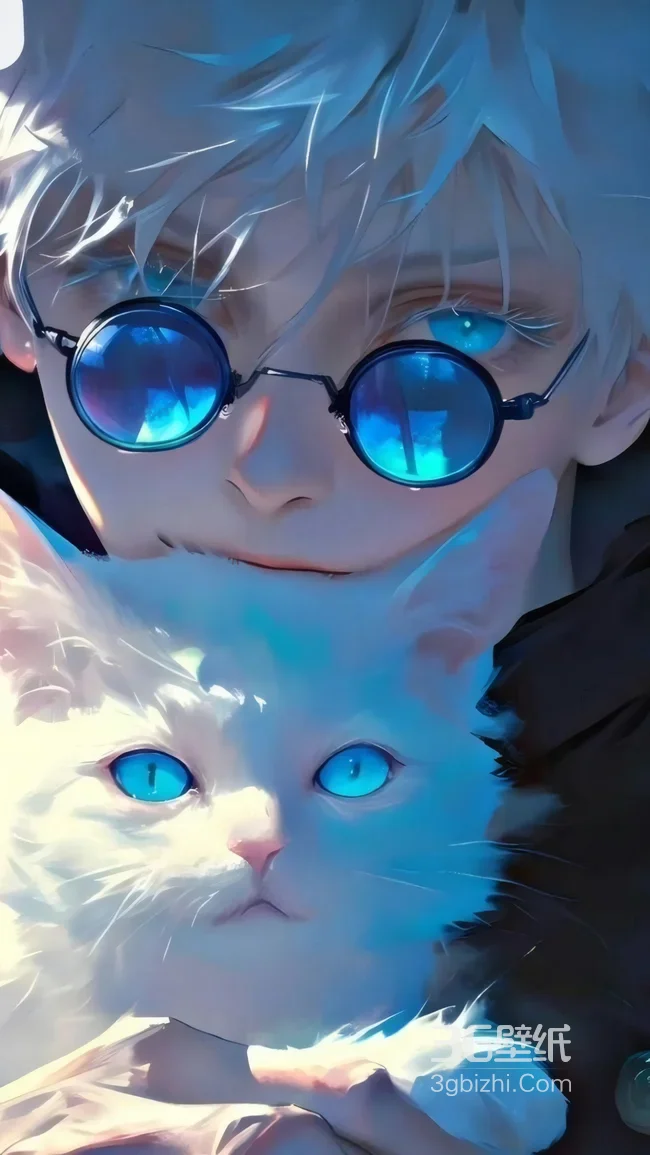 五条悟（咒术回战）抱白猫蓝调壁纸 二次元动漫壁纸1