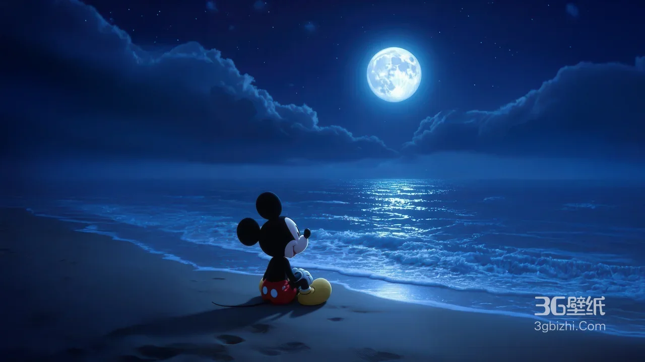 迪士尼米奇月夜海滩赏满月壁纸 海浪沙滩梦幻背景1