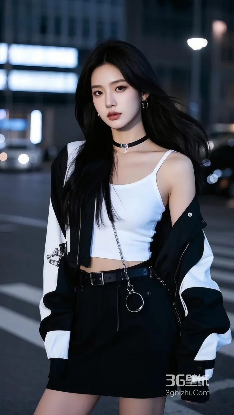潮酷女生城市夜景街头黑白时尚穿搭写真1