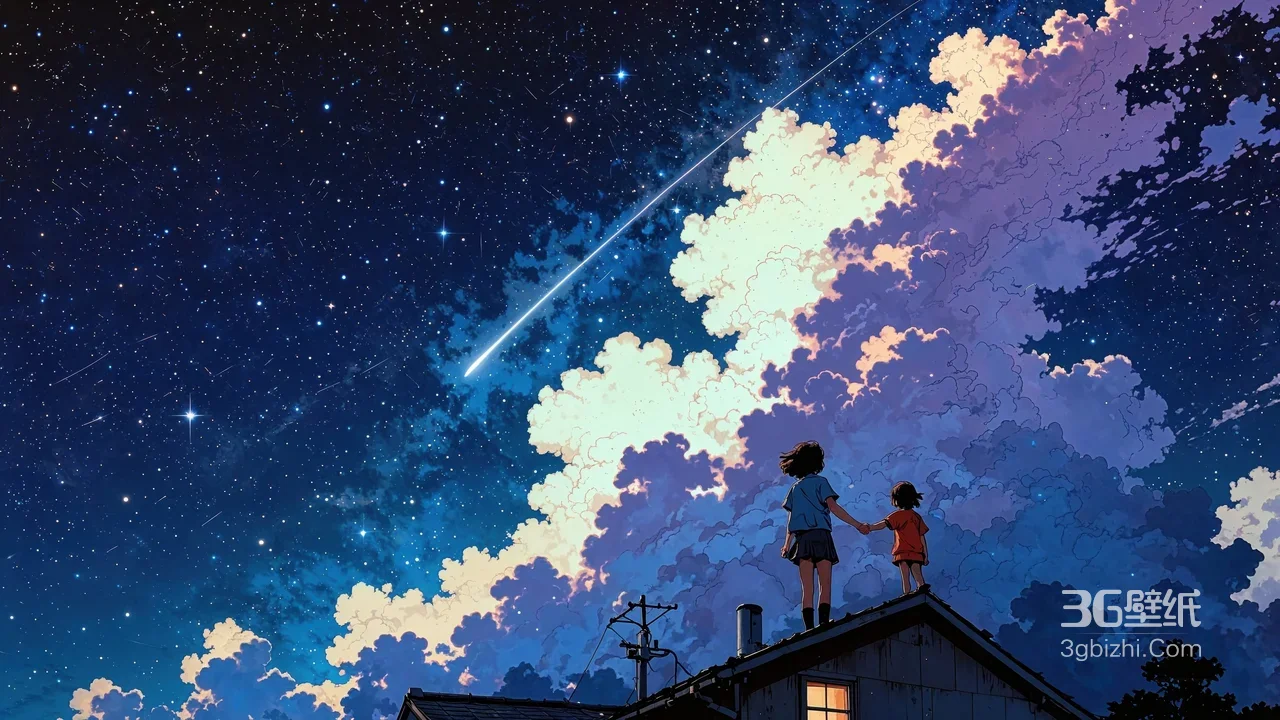 屋顶牵手两姐妹仰望星空流星 新海诚风动漫壁纸1