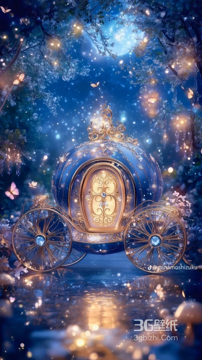 迪士尼灰姑娘南瓜马车 月夜森林星光蝴蝶童话壁纸1