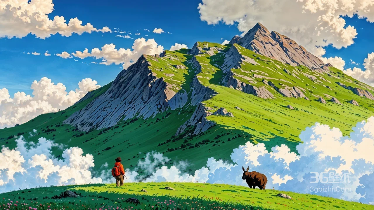 吉卜力风登山者与棕兽眺望青山云海风景壁纸1
