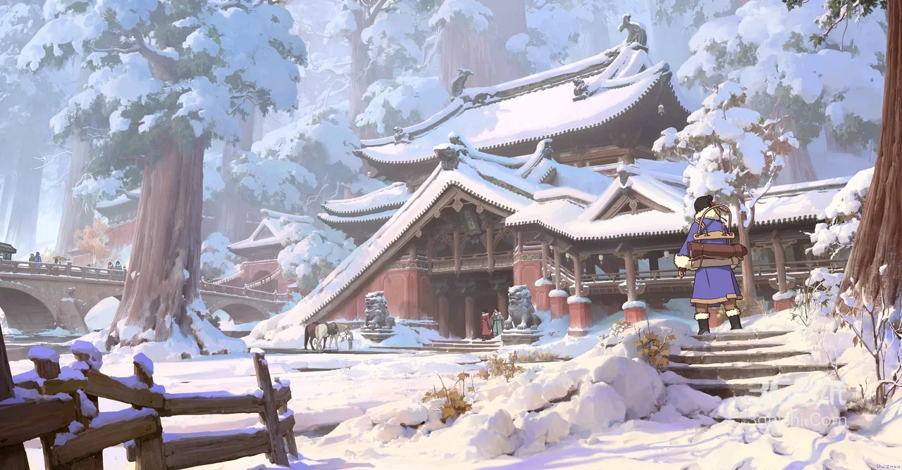 国风古风雪景寺庙旅人 中式古建冬日壁纸1