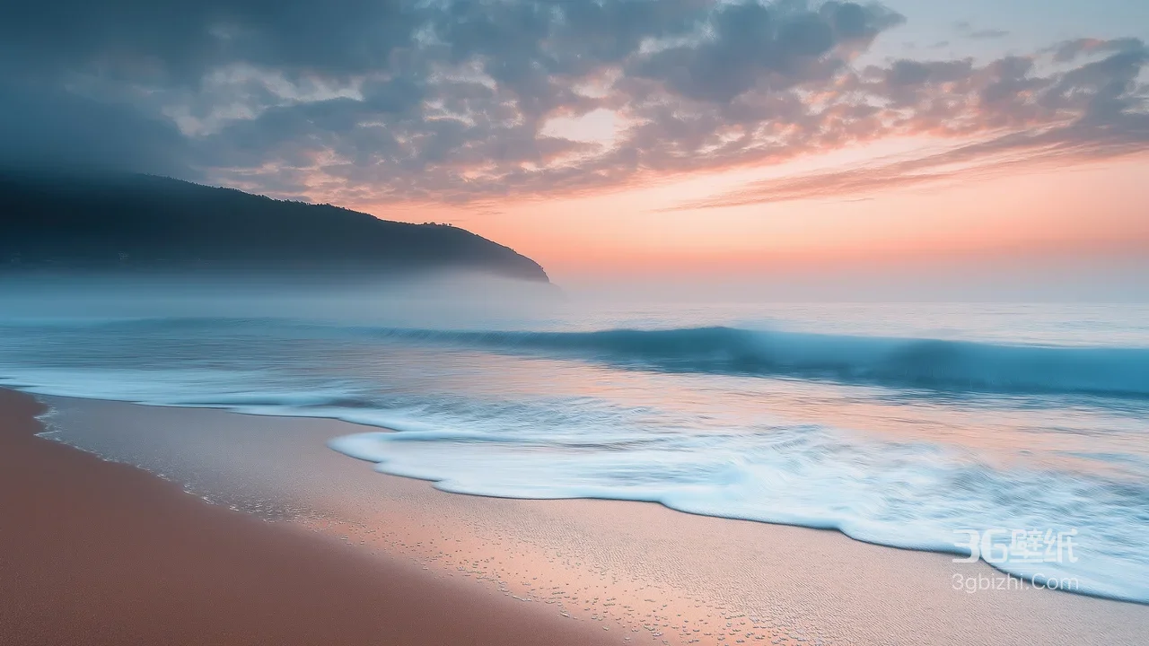 海边日出雾景沙滩海浪风景壁纸 唯美海滨晨景1