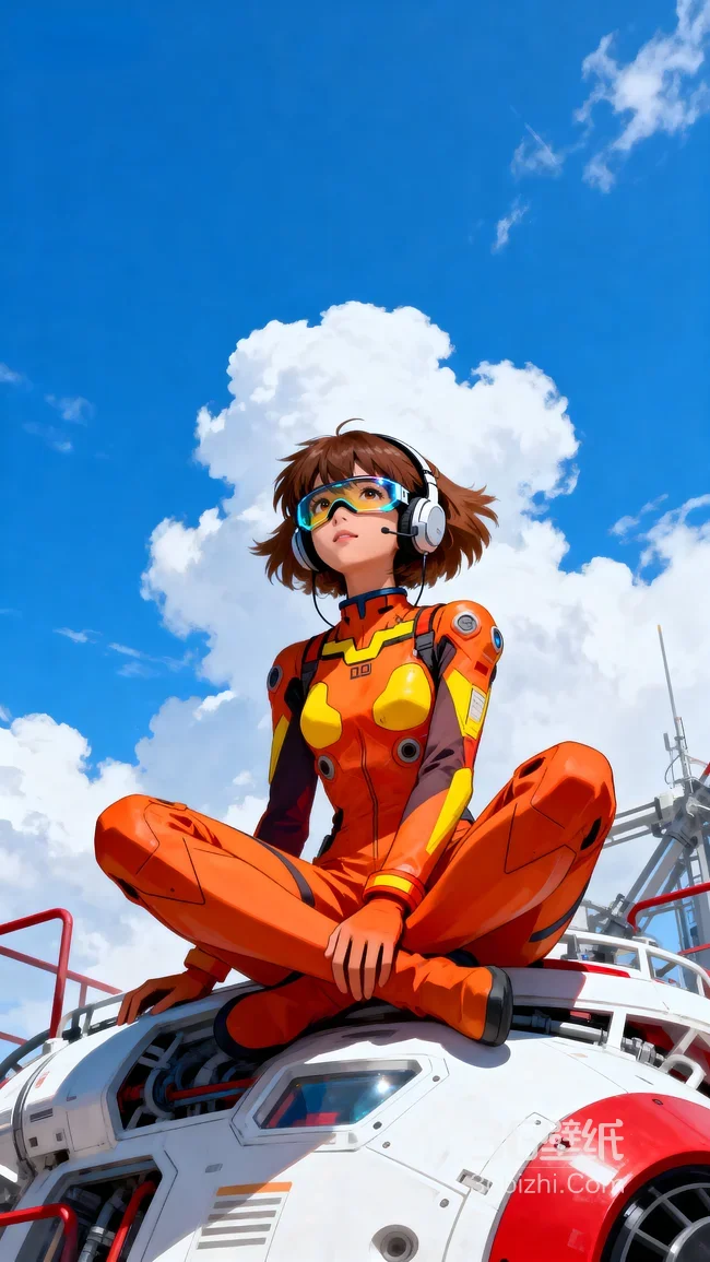 橙色机甲少女戴耳机坐机械舱 蓝天云朵壁纸1