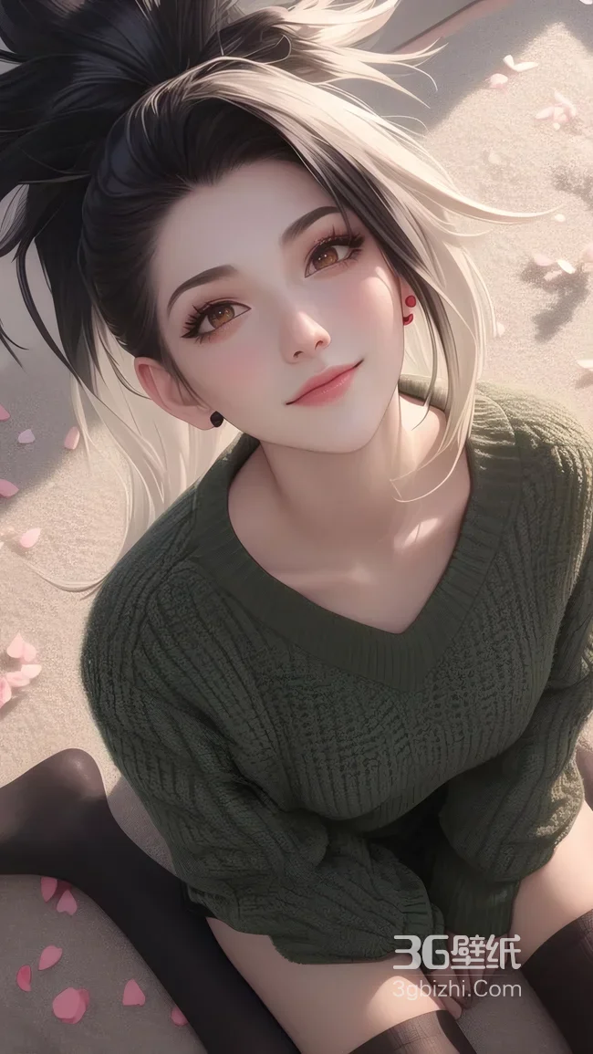 双色发少女绿毛衣黑丝袜 花瓣场景唯美壁纸1