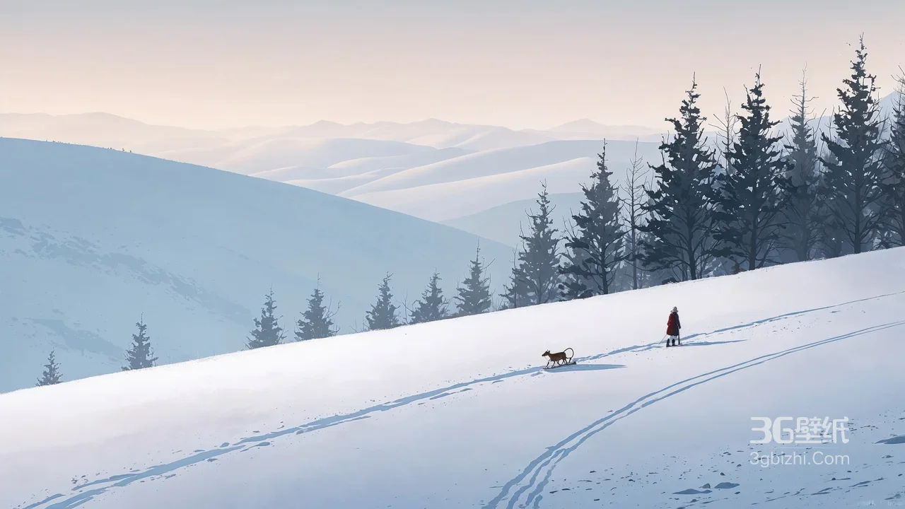 雪山松林冬日行人与狗漫步雪景 高清桌面壁纸1
