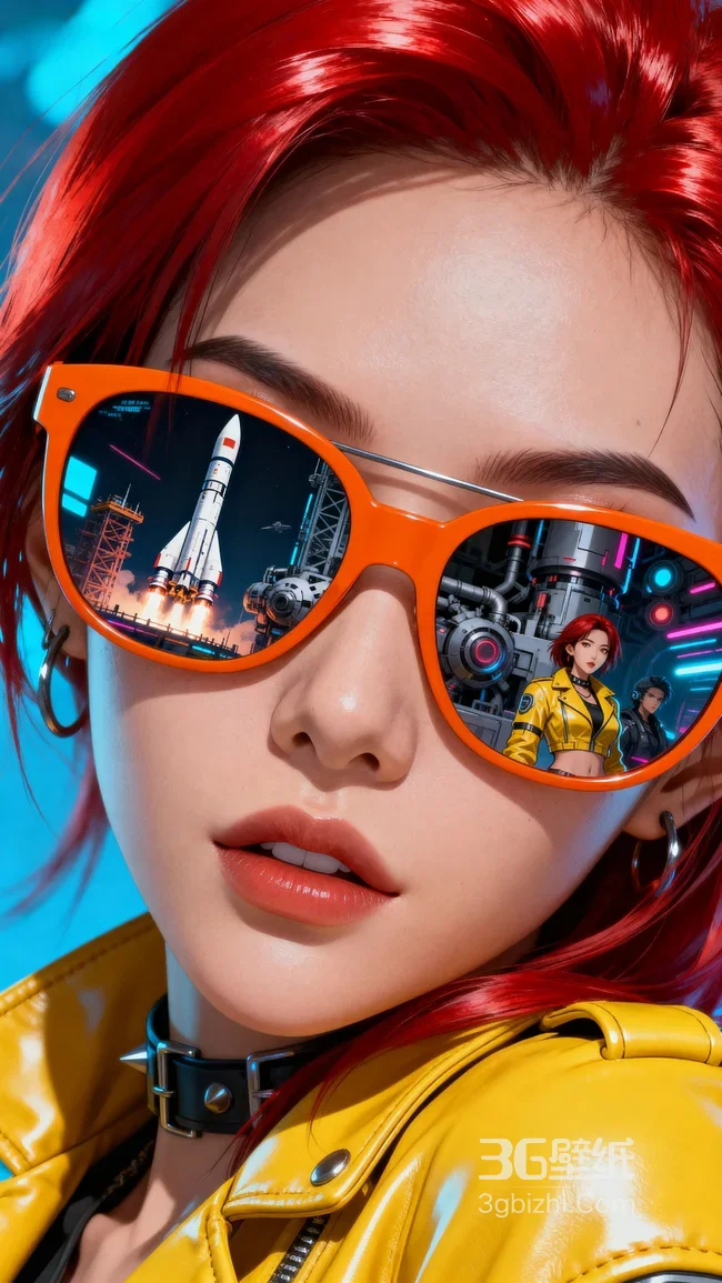 红发赛博朋克角色 橙色墨镜反射火箭机械 赛博朋克壁纸1