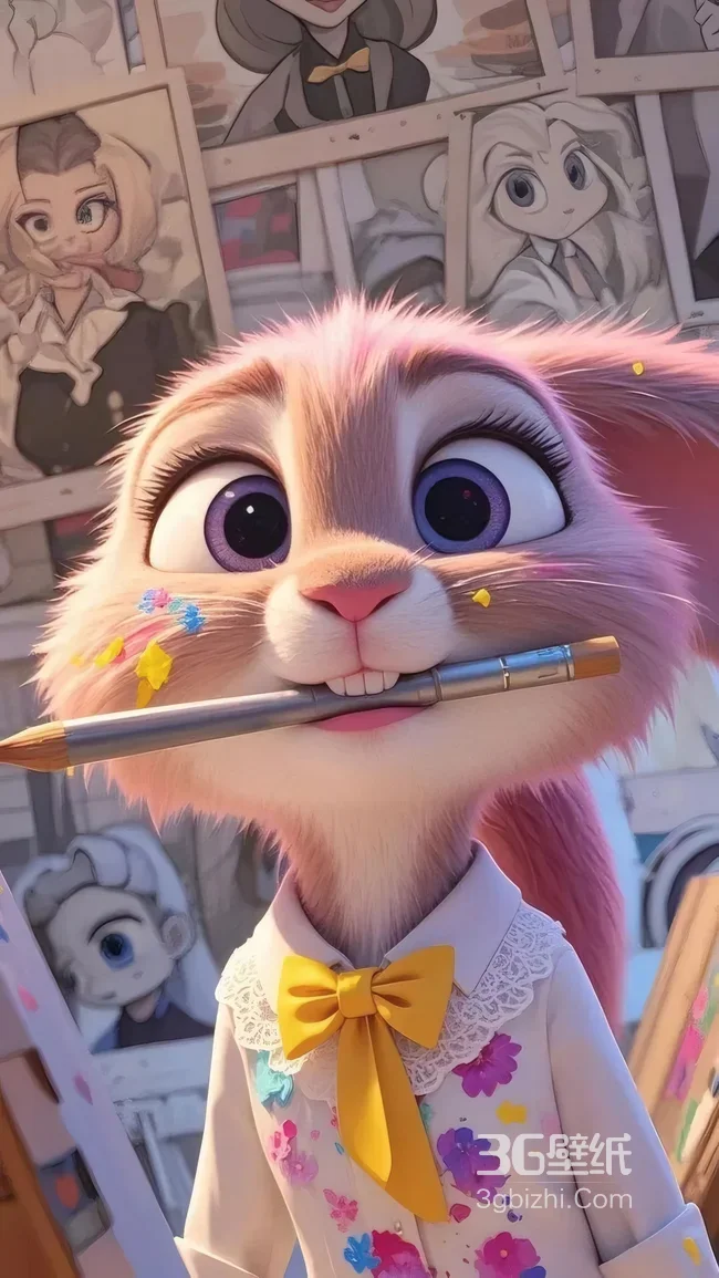 萌系卡通画家兔 画笔黄领结 艺术画室风热门壁纸1