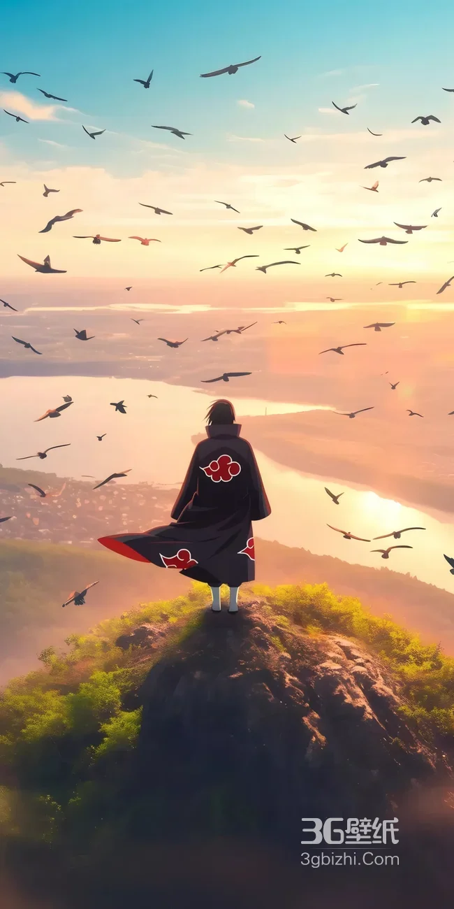 火影忍者宇智波鼬 晓组织红云袍 日落飞鸟山河壁纸1