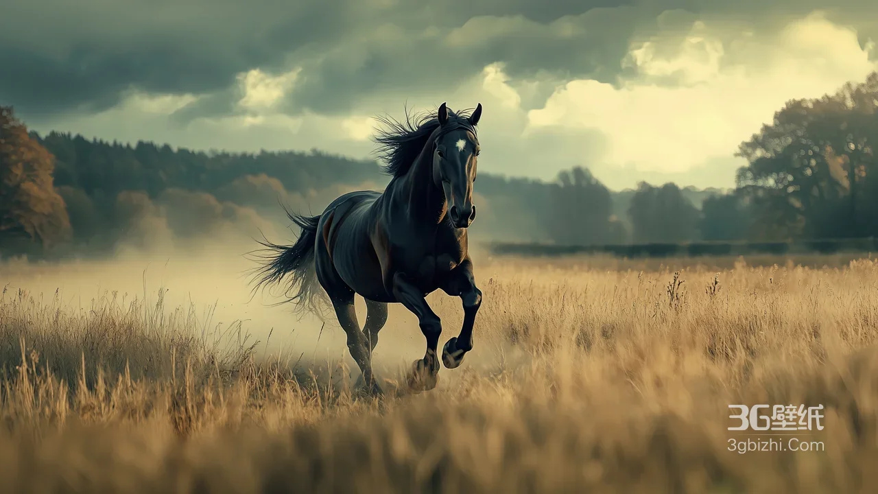 黑马疾驰金黄草甸 写实森野黄昏 氛围感拉满高清无水印1