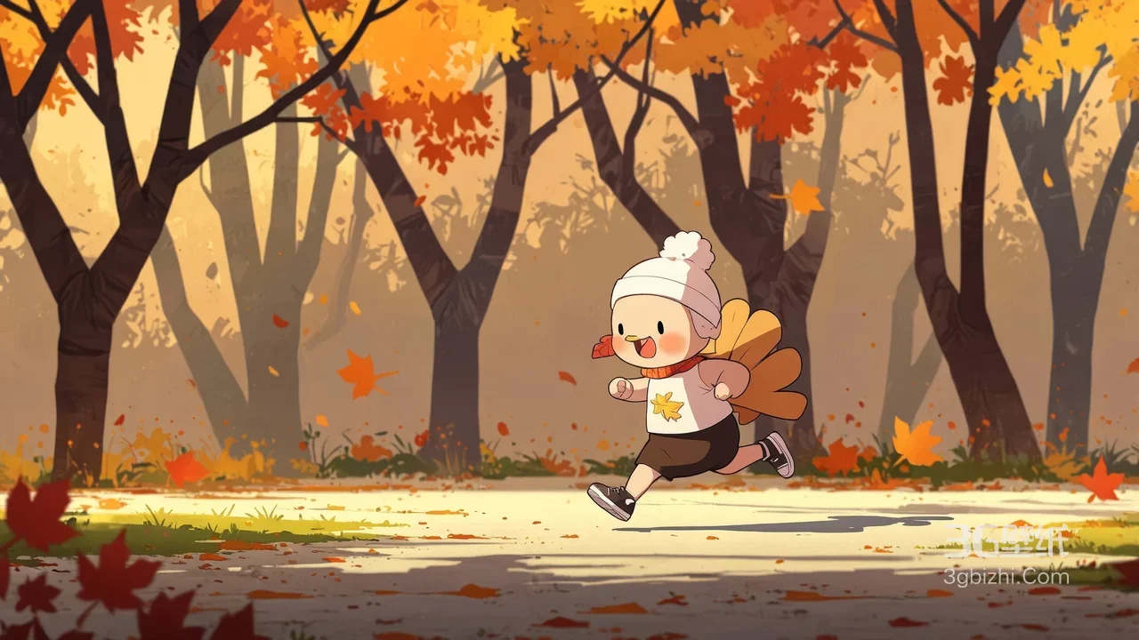 治愈系卡通角色秋日森林小径奔跑 秋叶主题桌面背景1