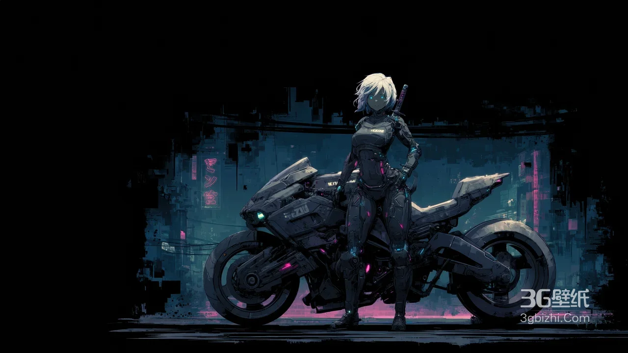 银发机械义体少女·赛博摩托 暗黑赛博朋克都市风 高清无水印1