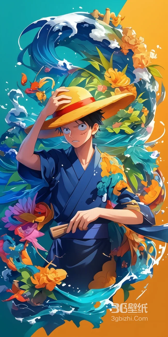 海贼王路飞和风浴衣海浪花卉壁纸 热血动漫壁纸1