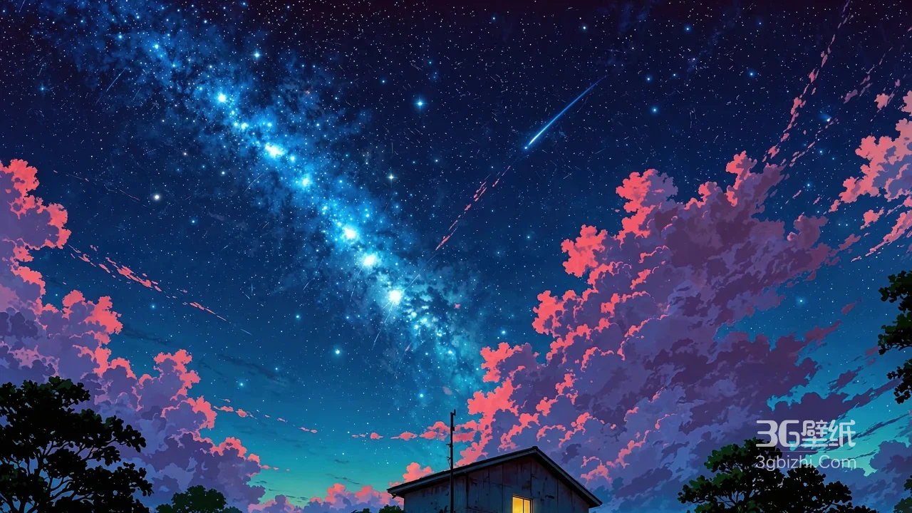 新海诚风星空银河流星粉云小屋夜景壁纸1