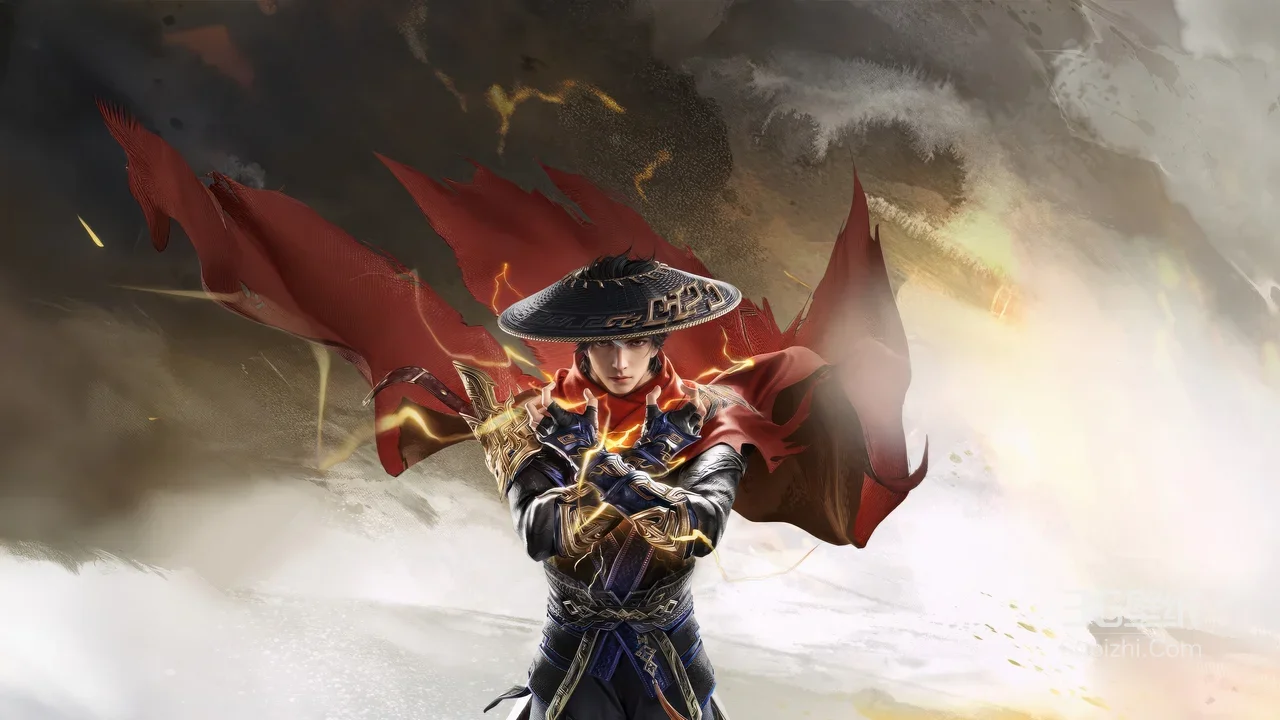 国风武侠角色·斗笠红披风闪电缠绕 游戏车机壁纸宽屏高清无水印1