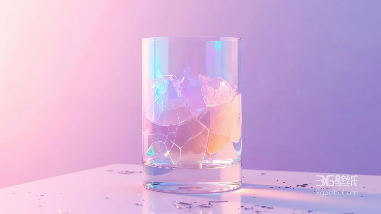 赛博霓虹玻璃杯冰块艺术场景 粉紫渐变桌面背景1