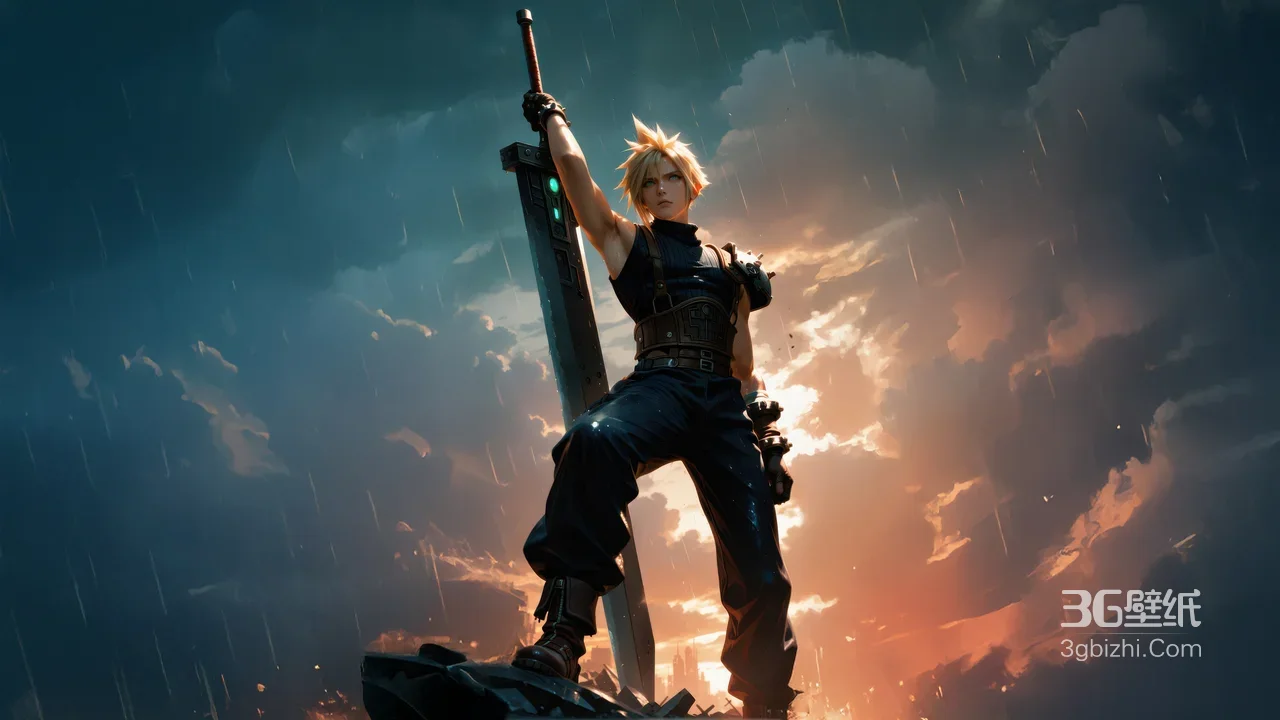 最终幻想7克劳德雨中持巨剑 黄昏战斗风壁纸1