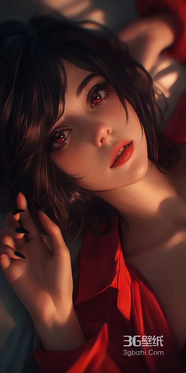 黑发红瞳红唇少女 暖光氛围感桌面背景1