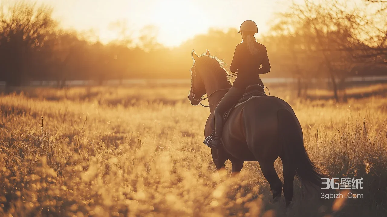 女骑手夕阳草地骑马 唯美户外骑马风景壁纸1