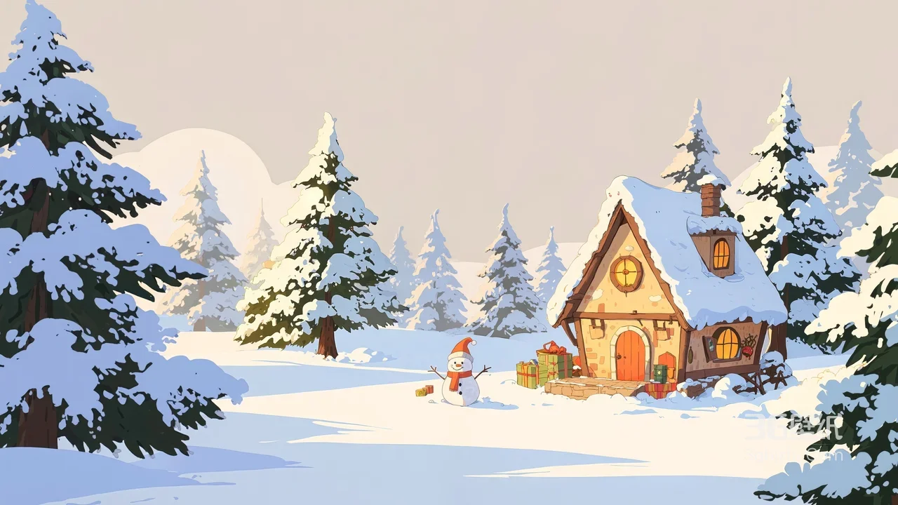 圣诞雪人 雪屋 冬日童话雪景圣诞礼物桌面背景1