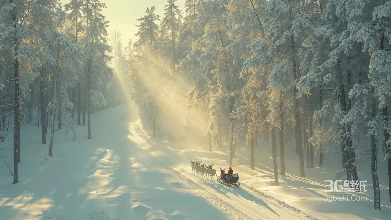 冬日雪林驯鹿雪橇·唯美暖光晨景 治愈感拉满高清无水印1