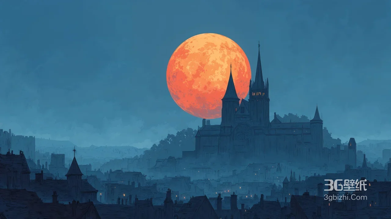 中世纪古城大教堂·红月高悬 暗黑梦幻插画 氛围感拉满1