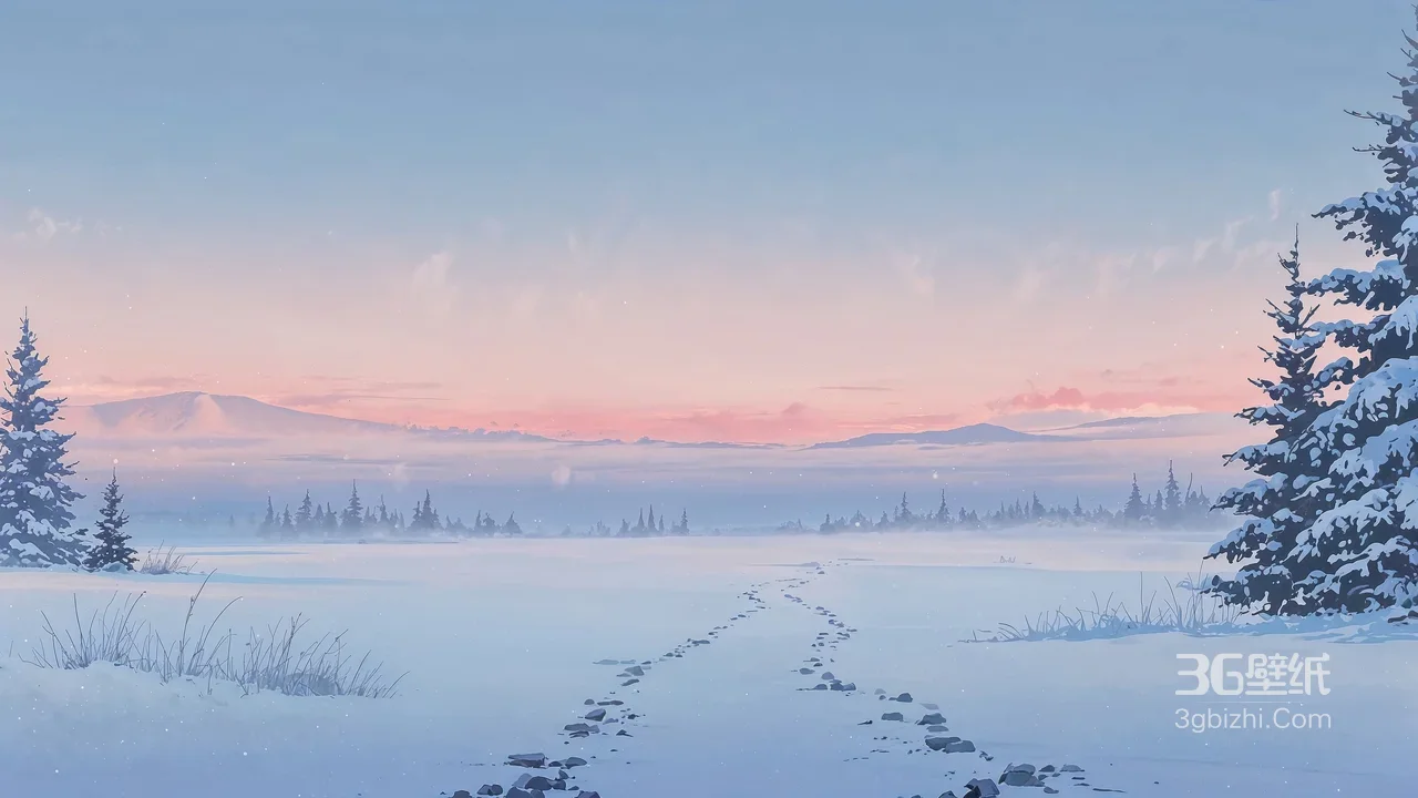 冬日雪原脚印雪景 远山松林粉蓝天空壁纸1