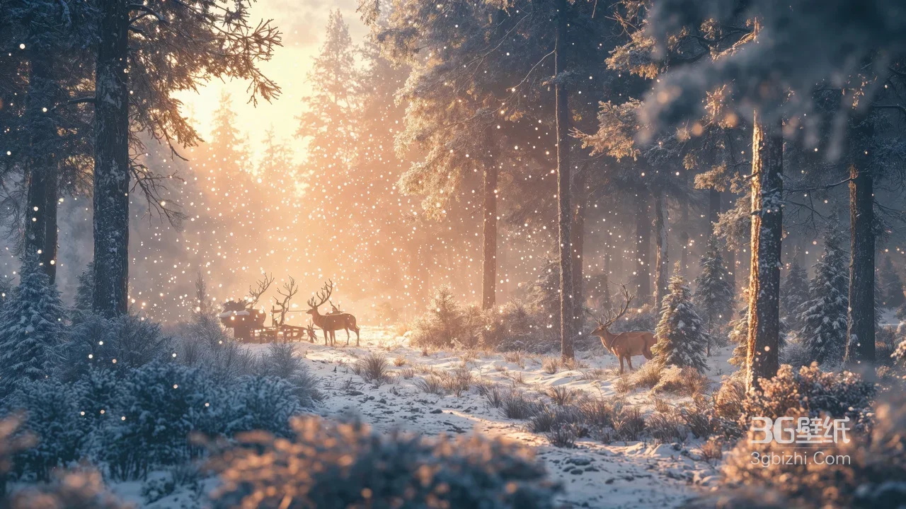 冬日森林驯鹿雪橇·唯美暖光雪景 氛围感拉满1