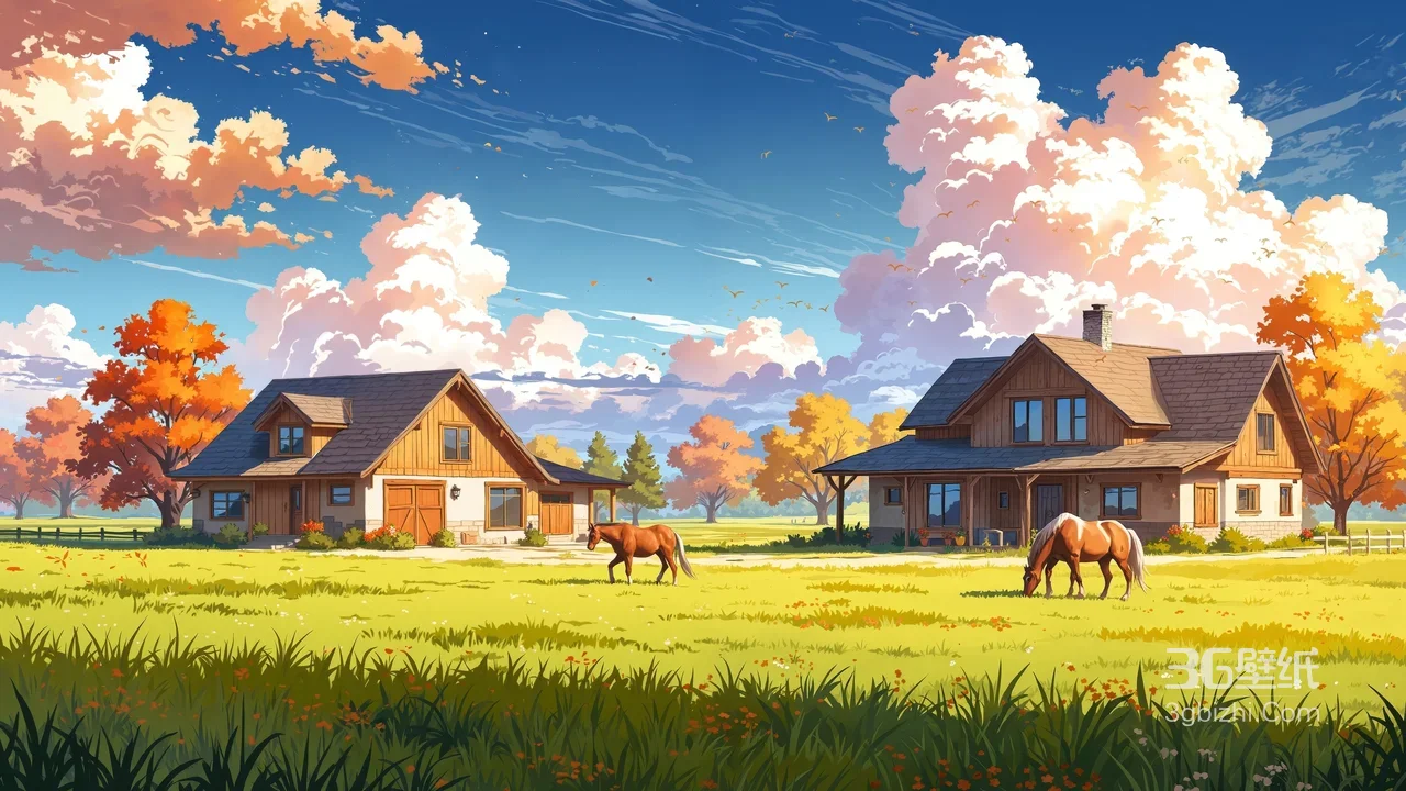 动漫唯美治愈系田园牧场骏马木屋秋树云霞蓝天高清无水印1