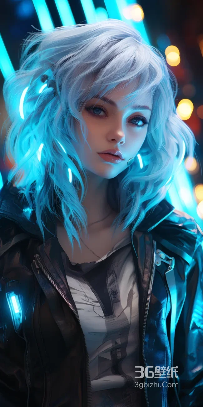 赛博朋克少女·蓝发霓虹 黑色皮衣 高清氛围感拉满1