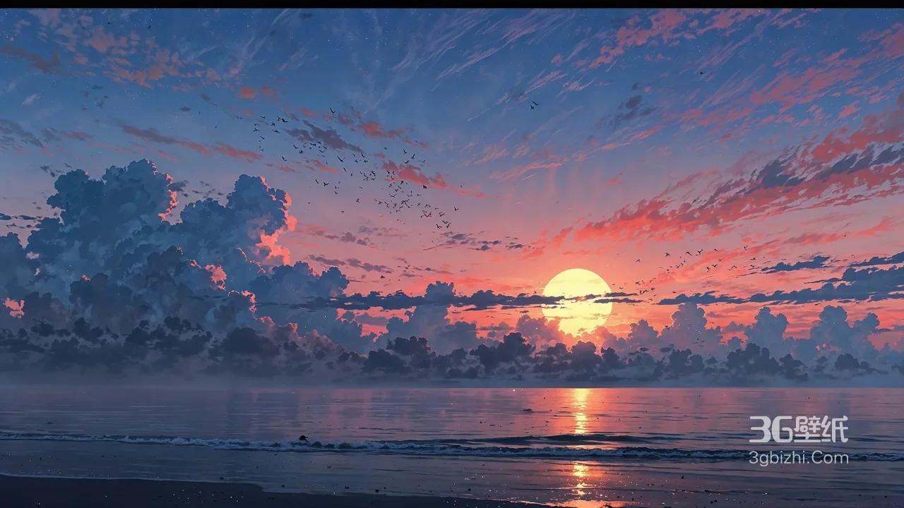 海边日落云海飞鸟·唯美插画宽屏 高清无水印1