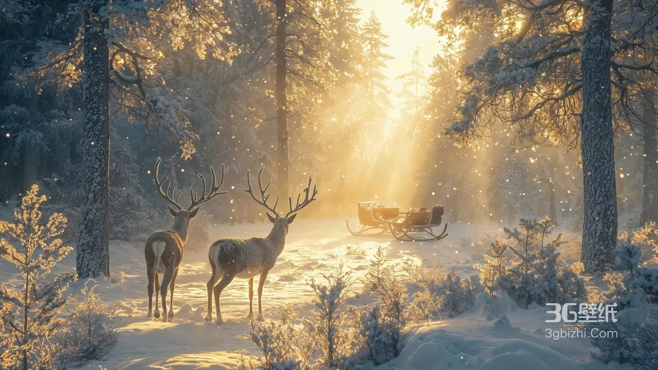 冬日雪林驯鹿雪橇·唯美暖光雪景 氛围感拉满1