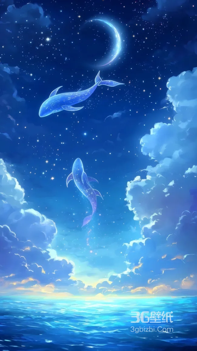 梦幻鲸鱼·星空云海唯美二次元插画手机壁纸 高清无水印1