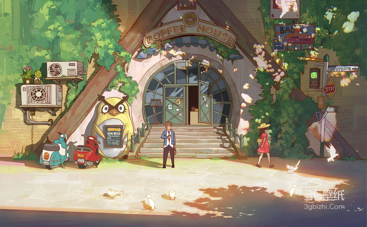 猫头鹰咖啡屋街景·二次元清新风 行人白鸽摩托氛围感拉满 高清无水印1