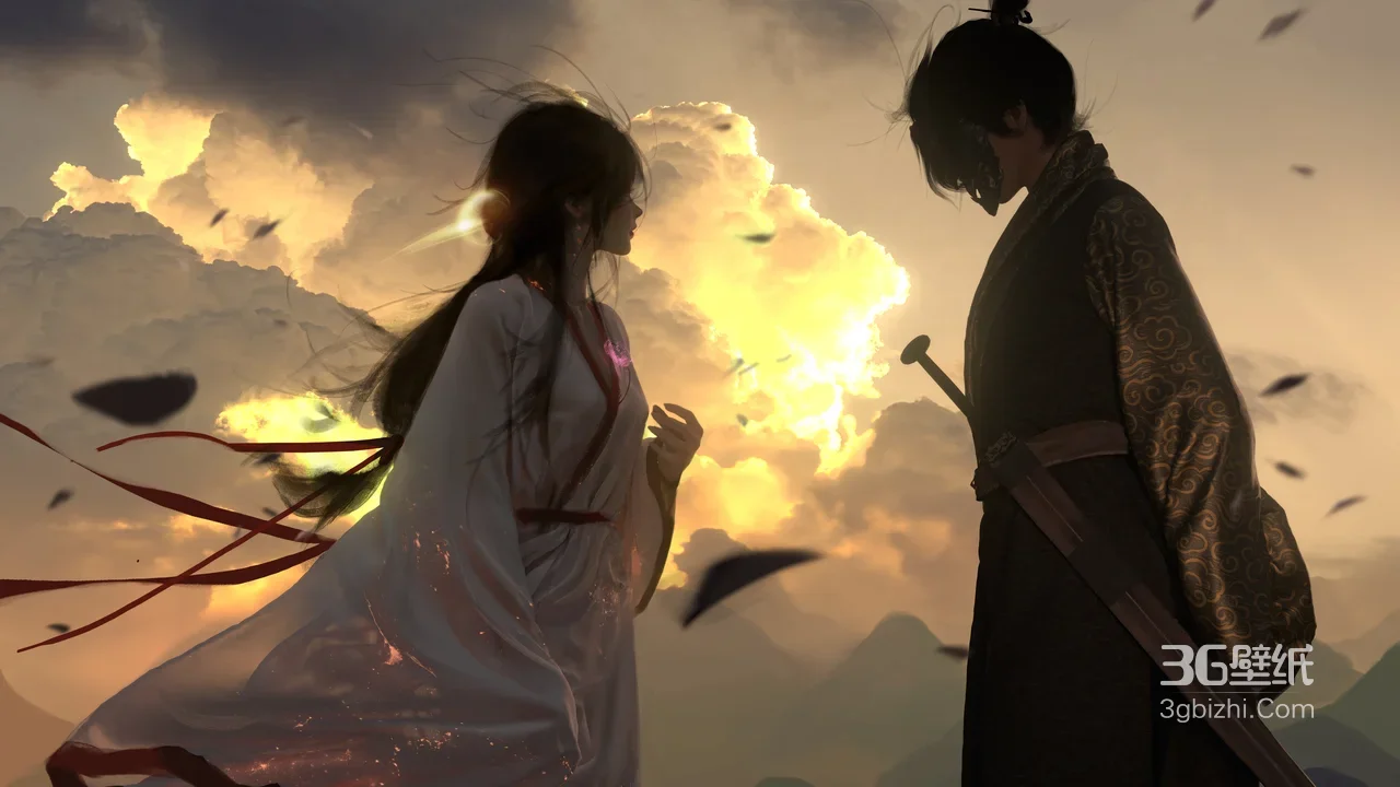 古风白衣红带女×面具剑客对峙 黄昏云海国风壁纸高清无水印1