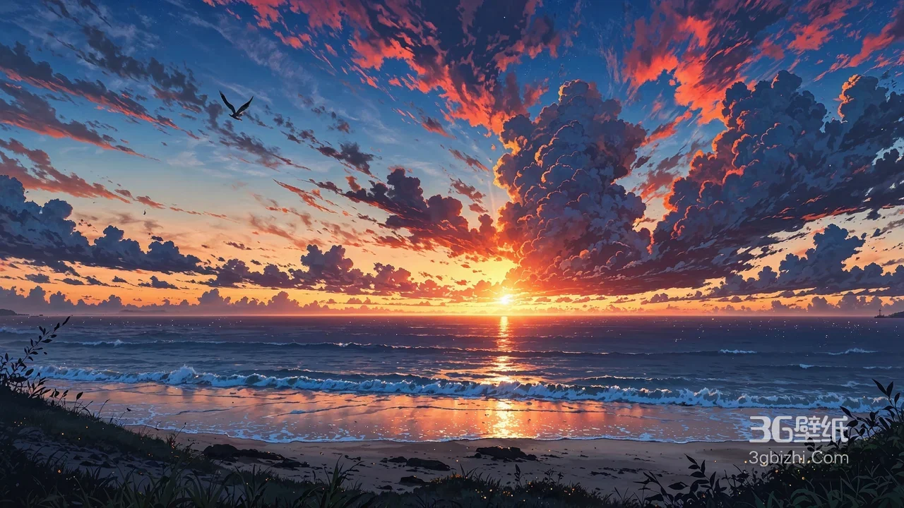 海边日落·唯美动漫风 落日熔金海面氛围感拉满1