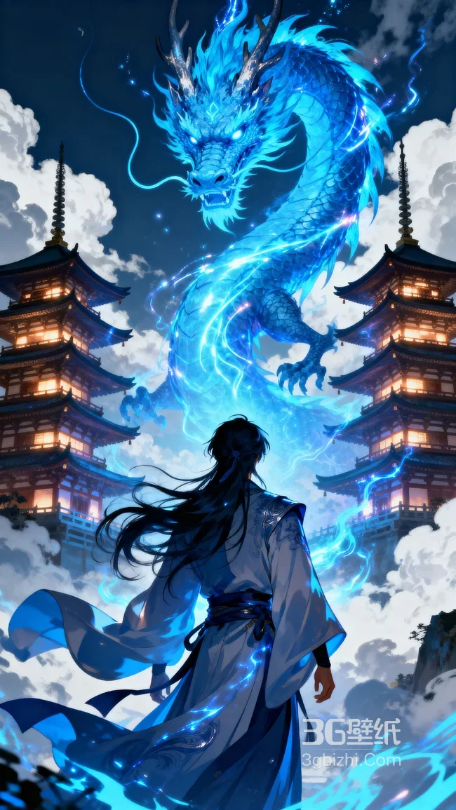 国风玄幻·蓝焰巨龙对峙古风少侠 双古塔楼云海缭绕 高清无水印1