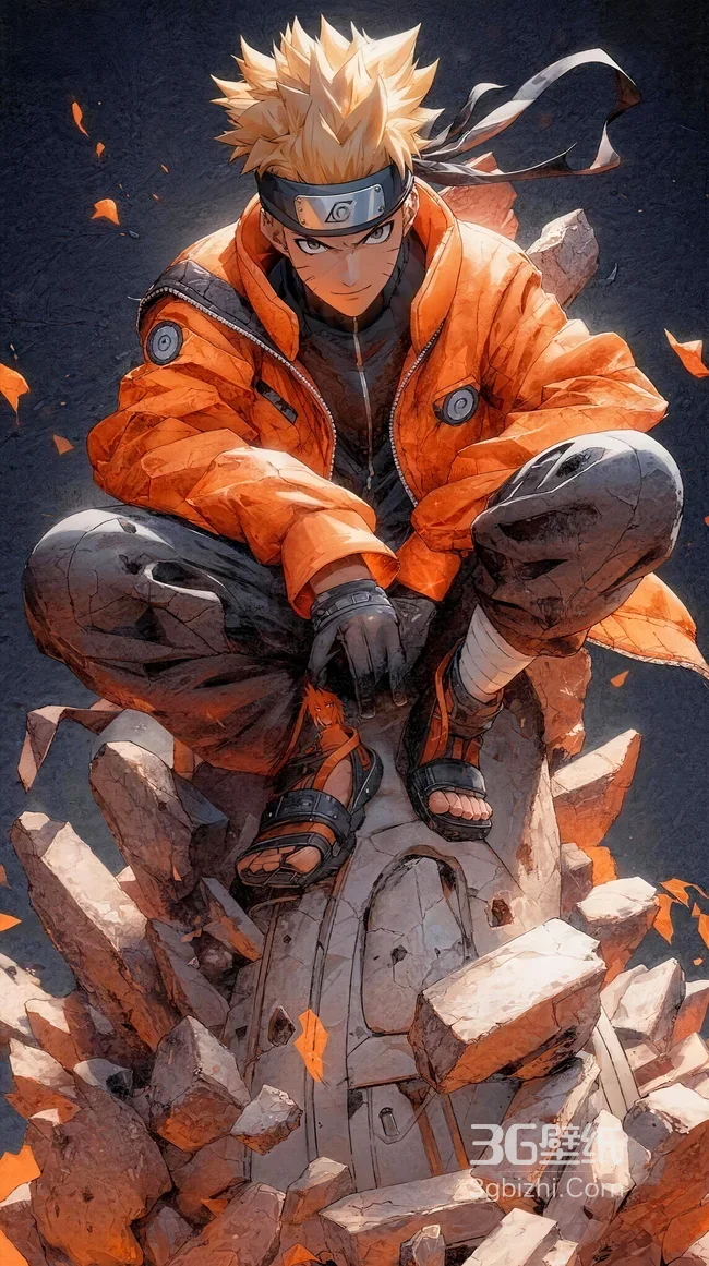 漩涡鸣人·蹲坐碎石 火影忍者写实厚涂风壁纸 高清无水印1