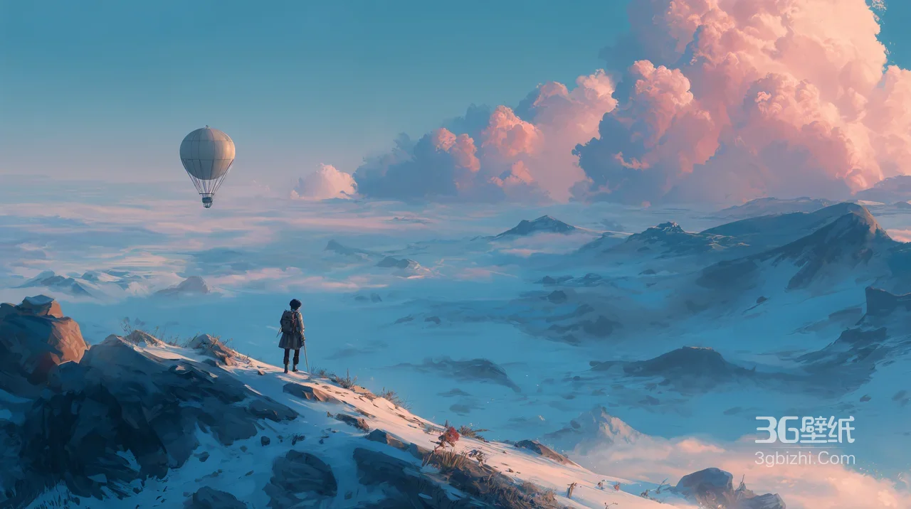雪山孤旅者·热气球粉云 唯美插画风高清无水印1