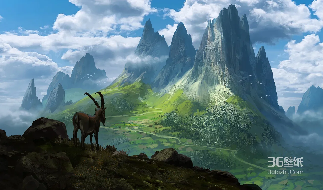 岩羊·奇幻峰林绿野秘境 唯美插画宽屏车机壁纸高清无水印1