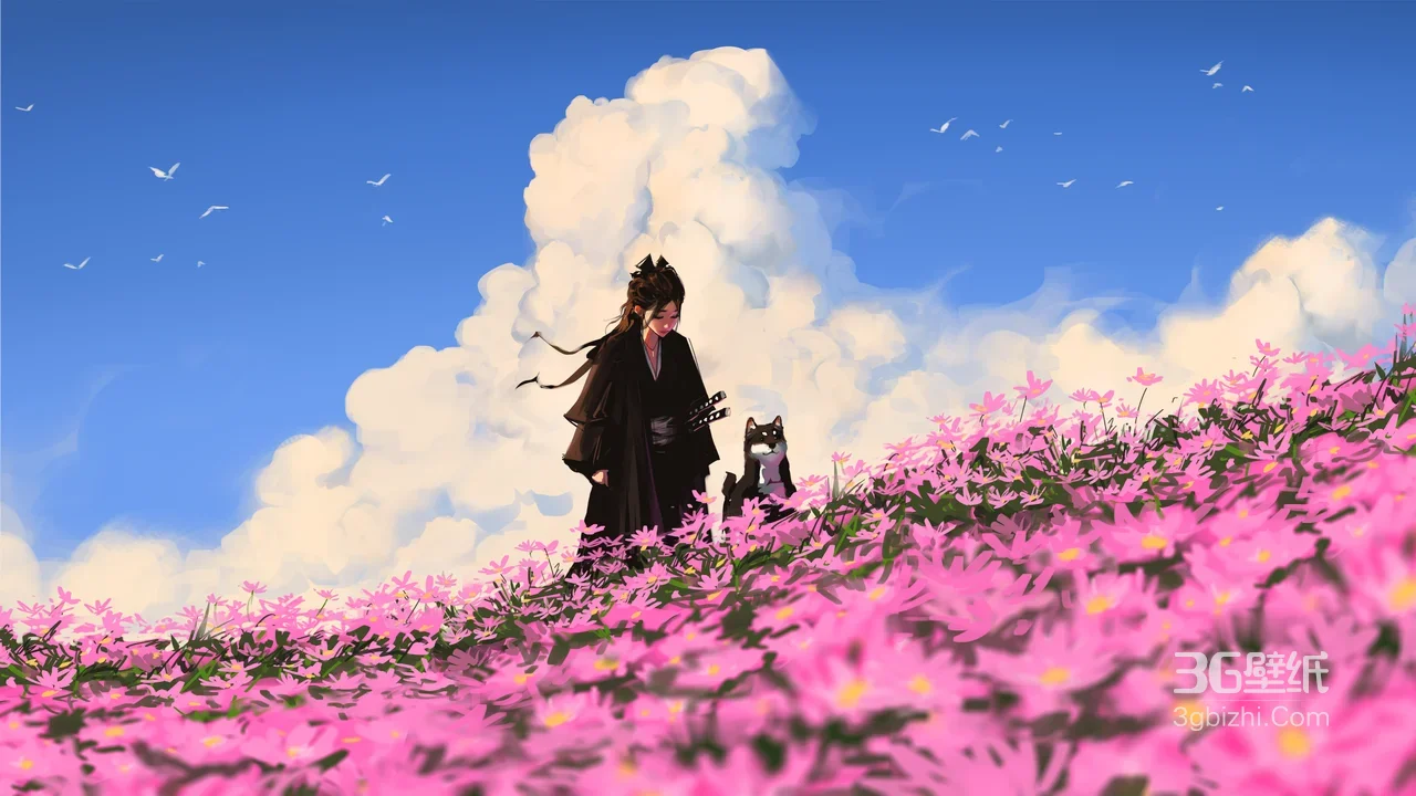 古风黑衣人物与柴犬·粉色花海国风唯美场景 高清无水印1