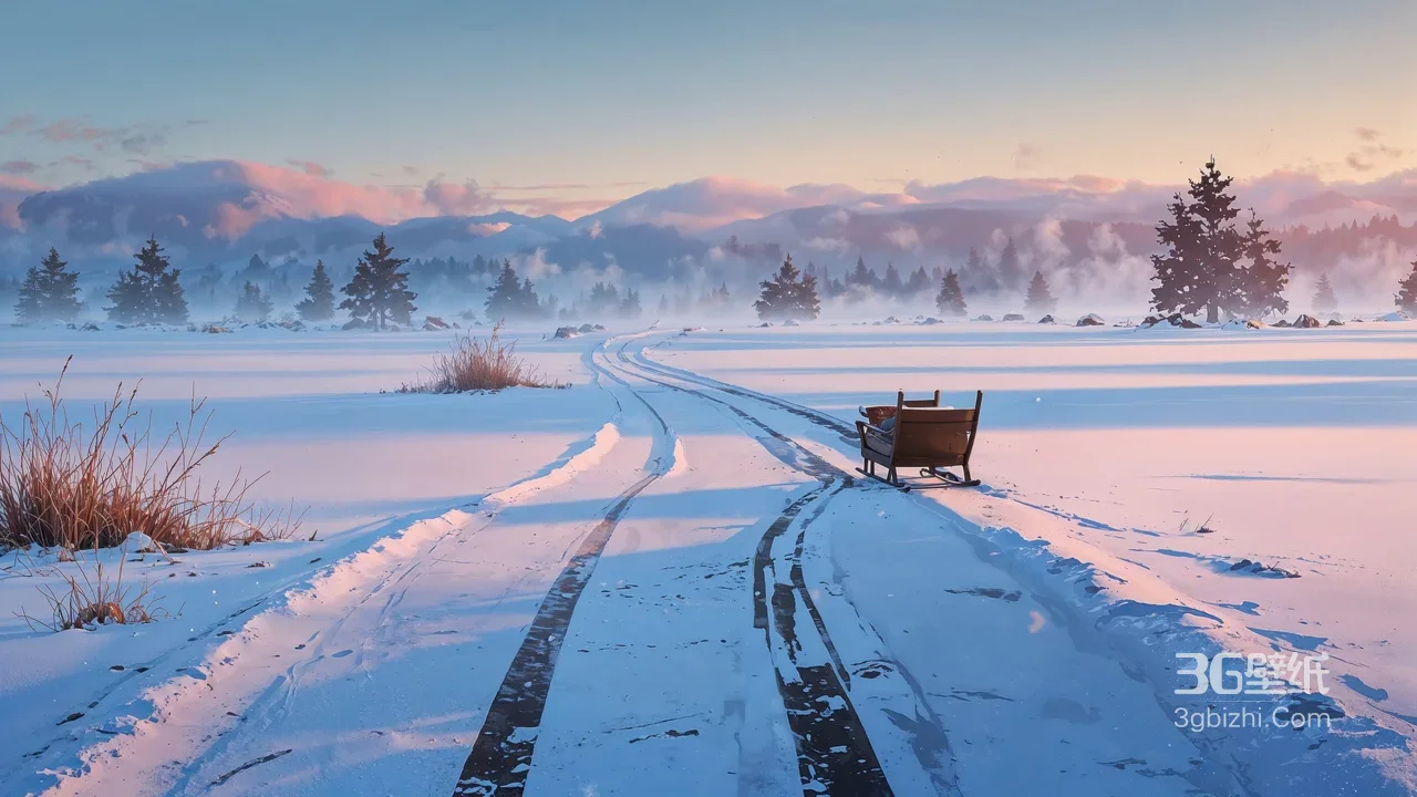 冬日雪原雪橇车辙·远山松林晨雾唯美风景氛围感拉满1