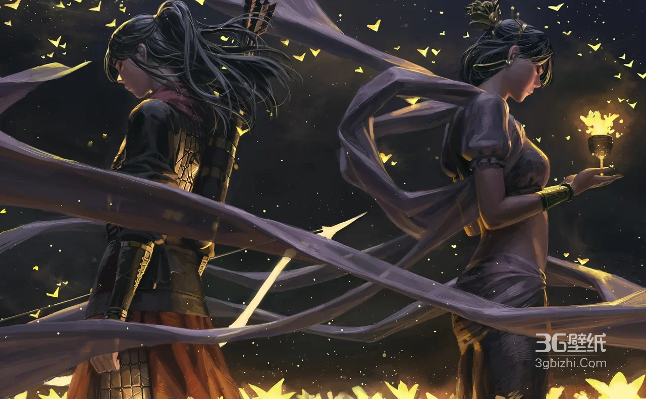 古风战甲射手&持火杯巫女 国风暗黑奇幻 宽屏车机壁纸 氛围感拉满1