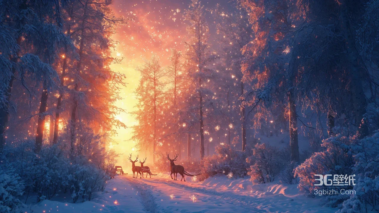 冬日森林驯鹿雪橇·梦幻暖光雪景 氛围感拉满高清无水印1