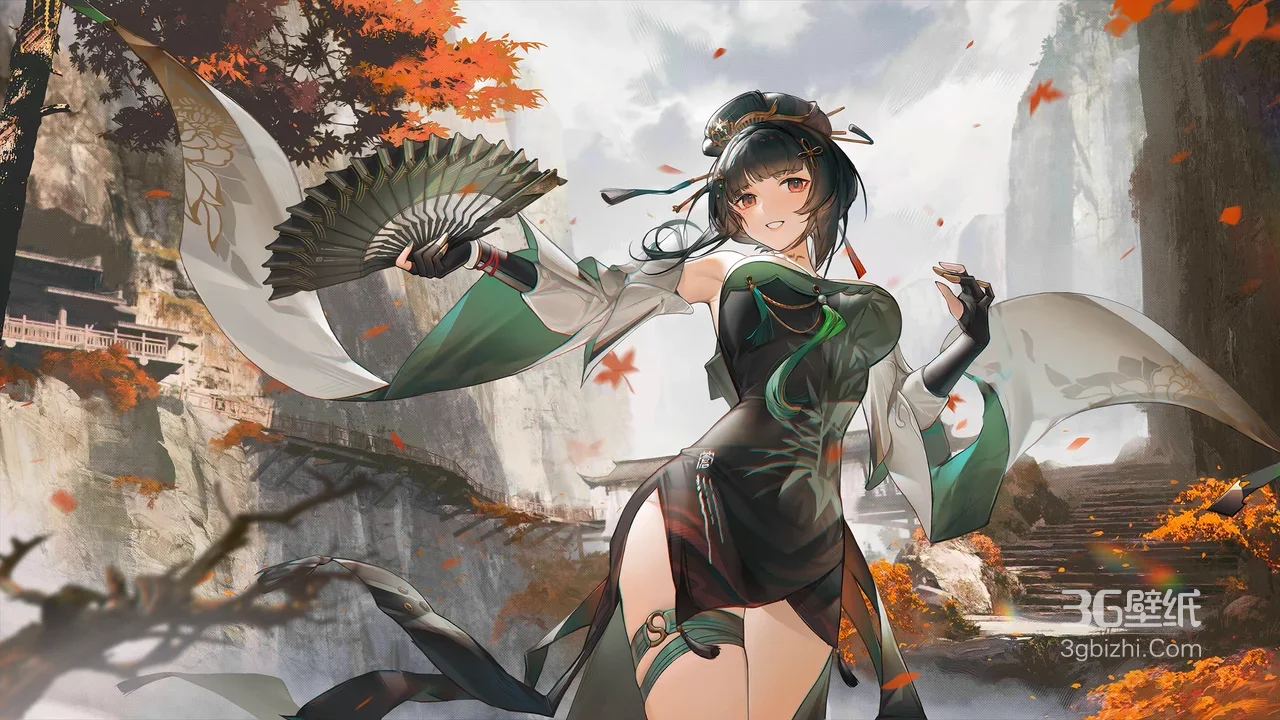 深空之眼·曲·雀翎 持扇黑绿华服 古风红叶山水 游戏插画 高清无水印1