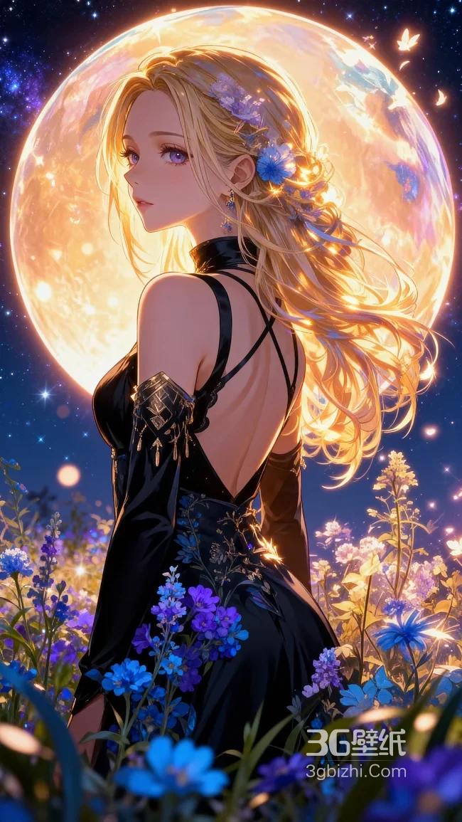 金发花饰少女·黑露背裙·巨月星空花田二次元唯美 氛围感拉满1