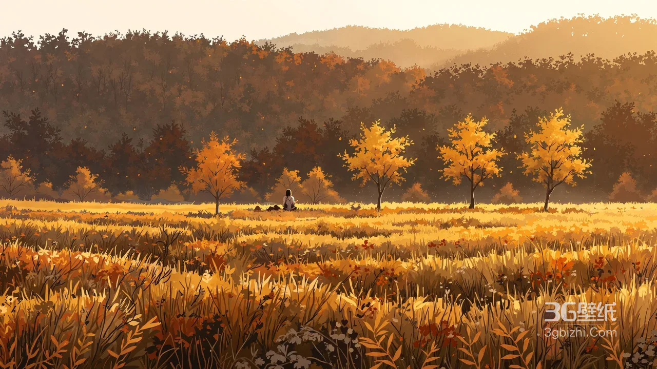 暖秋金黄草甸独坐·唯美治愈插画 暖秋氛围感拉满1