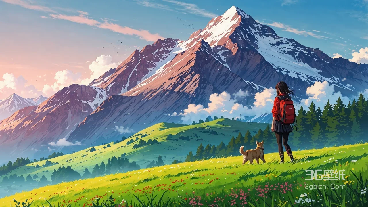 红衣少女·柴犬伴行 雪山草甸花海 唯美二次元动漫风精选1