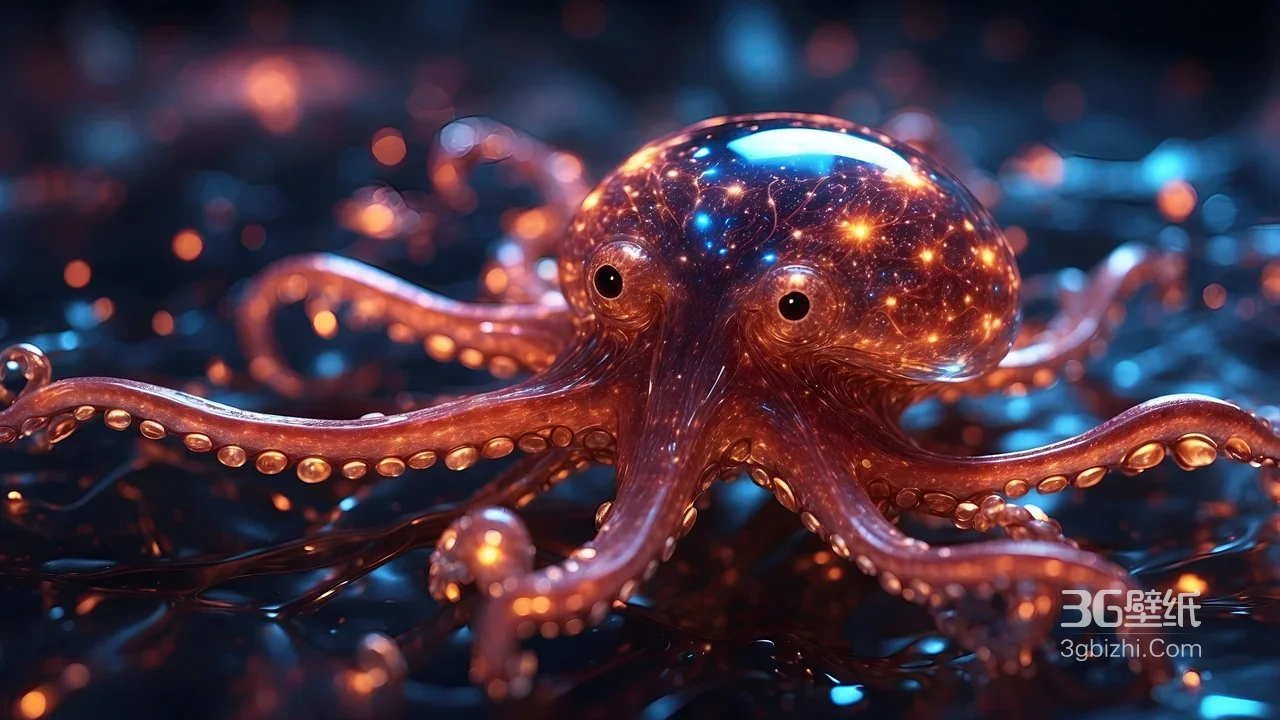梦幻琉璃发光章鱼·赛博幻想风电脑壁纸1